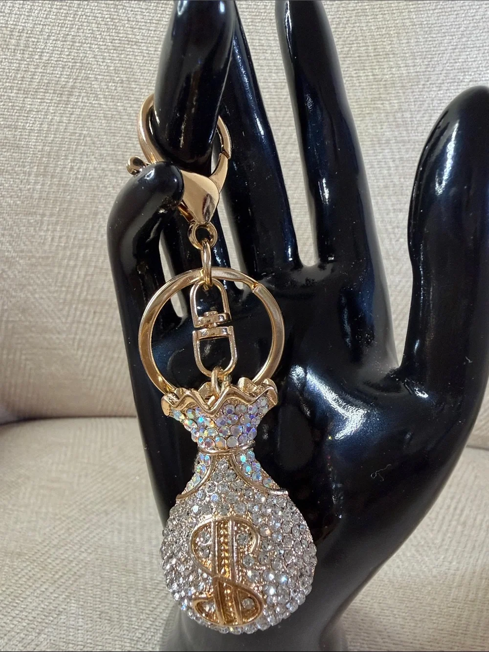 Gold Rhinestone Money Bag Keychain - Sparkling Crystal Accent